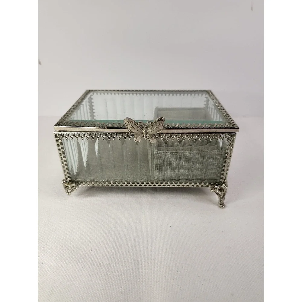 Rachel Rachel Roy Glass Jewelry Box Butterfly Clasp Silver Filigree Footed Grey